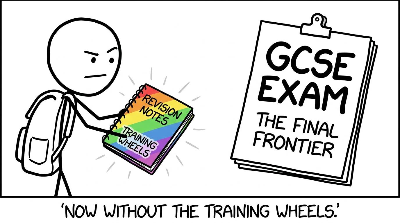 A student leaves colourful notes behind to face a plain examination paper
