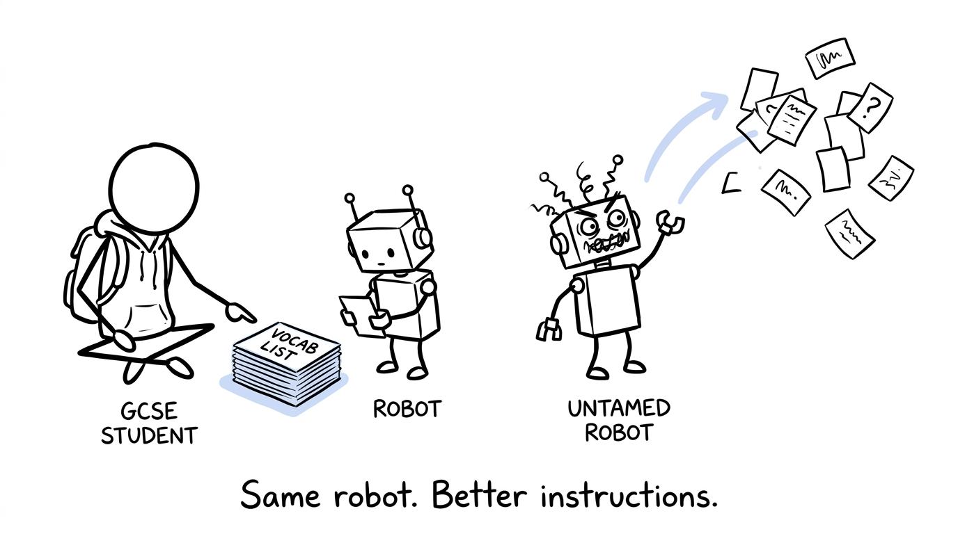 One robot receives a reliable vocabulary list while another scatters random flashcards