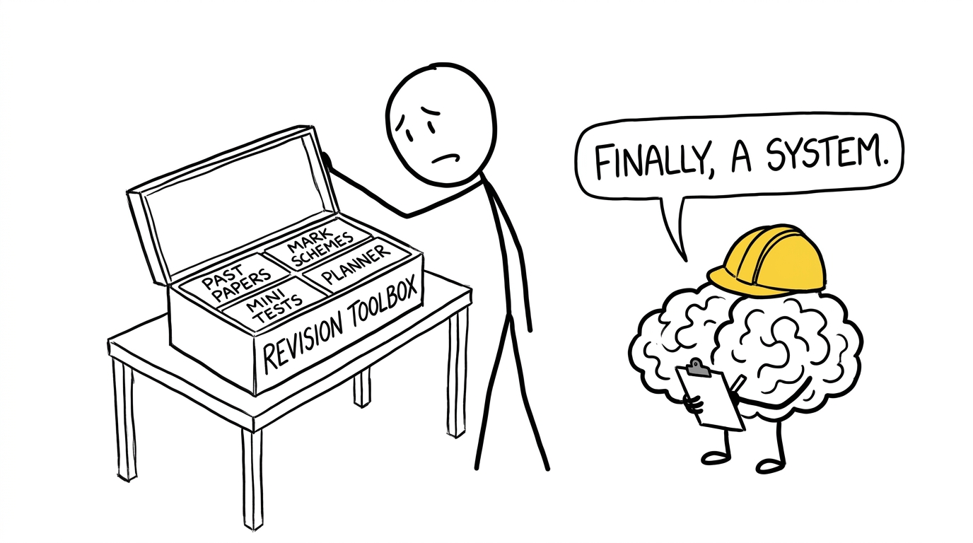 A student opening a revision toolbox while a cartoon brain wears a hard hat