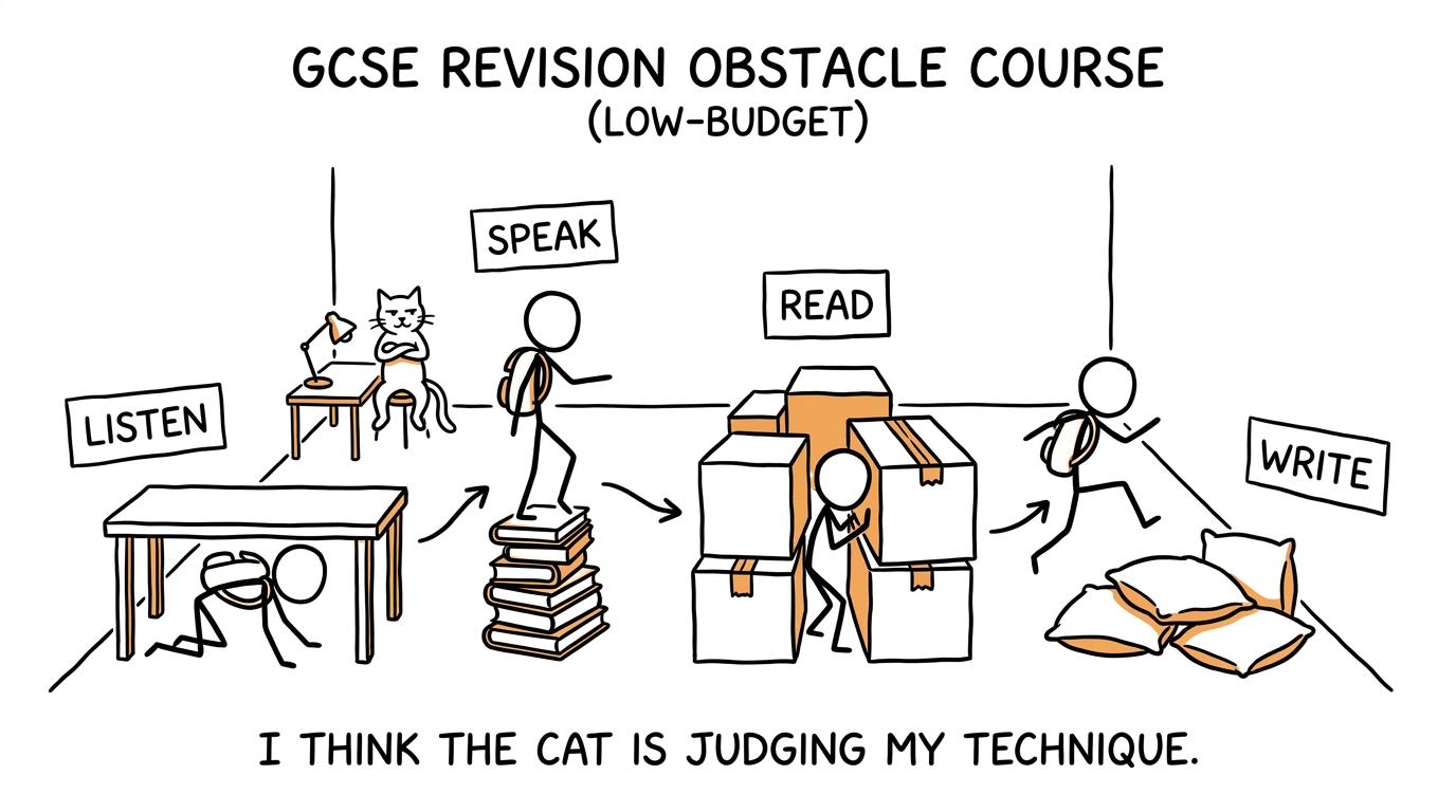 Four tiny revision stations and a cat occupying the only desk