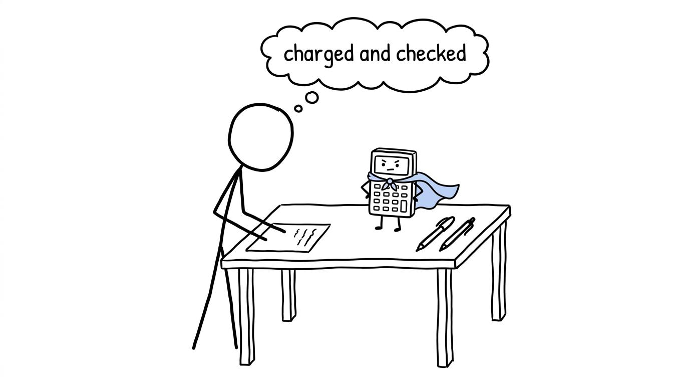 A calculator in a tiny superhero cape waits beside two checked pens