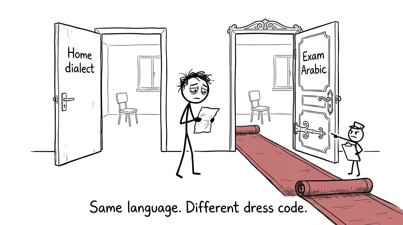A student discovers that home dialect and exam Arabic have different dress codes