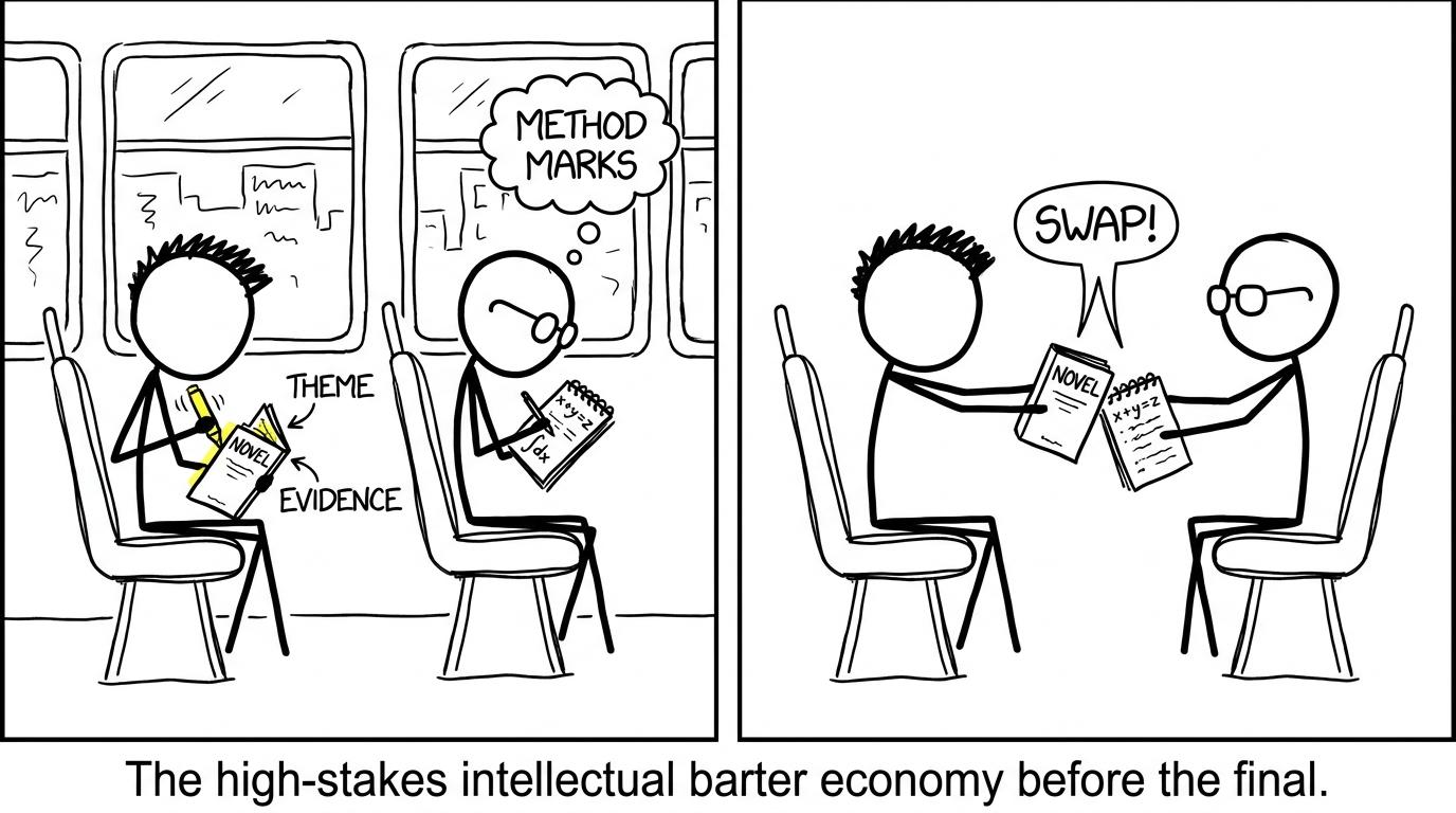 Two students swapping “Theme/Evidence” and “Method marks”