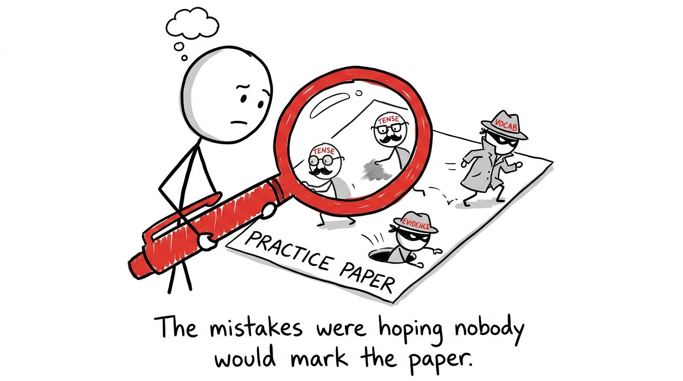 A student catches disguised vocabulary, tense and evidence mistakes while marking