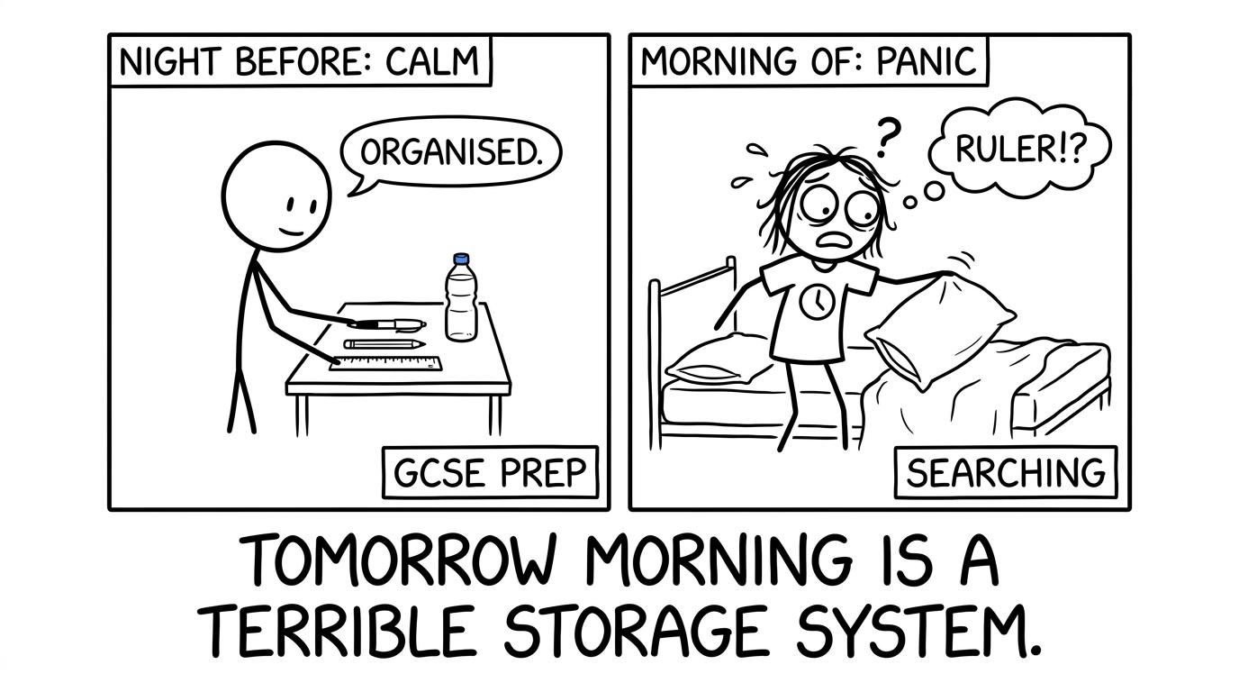 One student packs calmly while another attempts to use tomorrow morning as a storage system