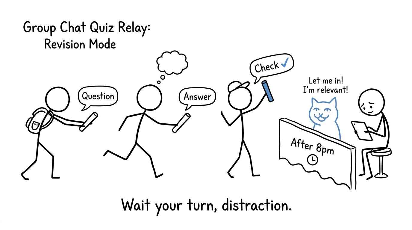 Students pass question, answer and checking batons while a meme waits behind a barrier