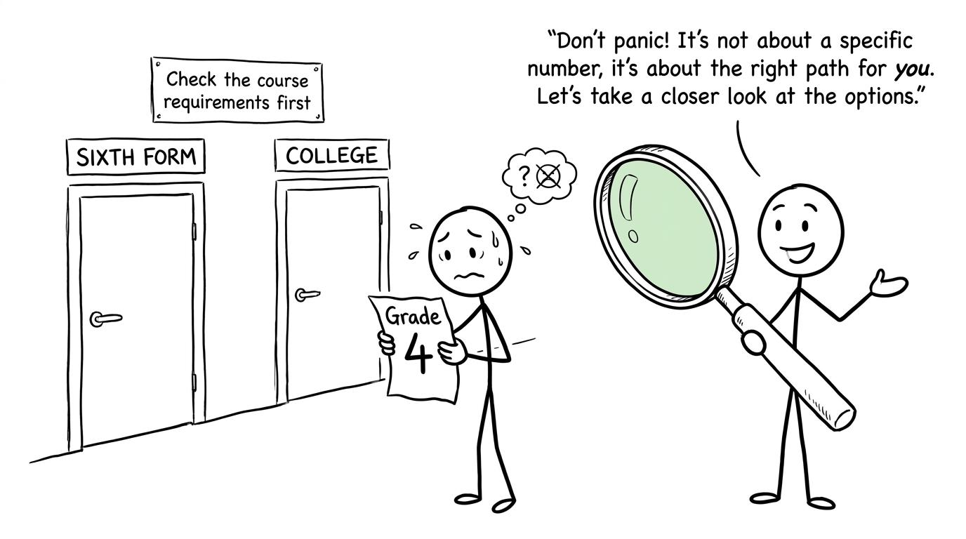 A student checking which sixth-form door matches a grade 4