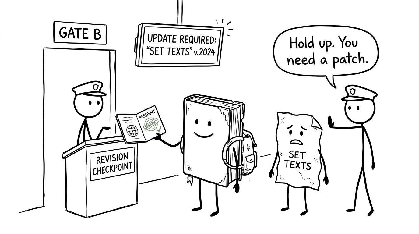An old grammar book passes while outdated set texts stop for an update