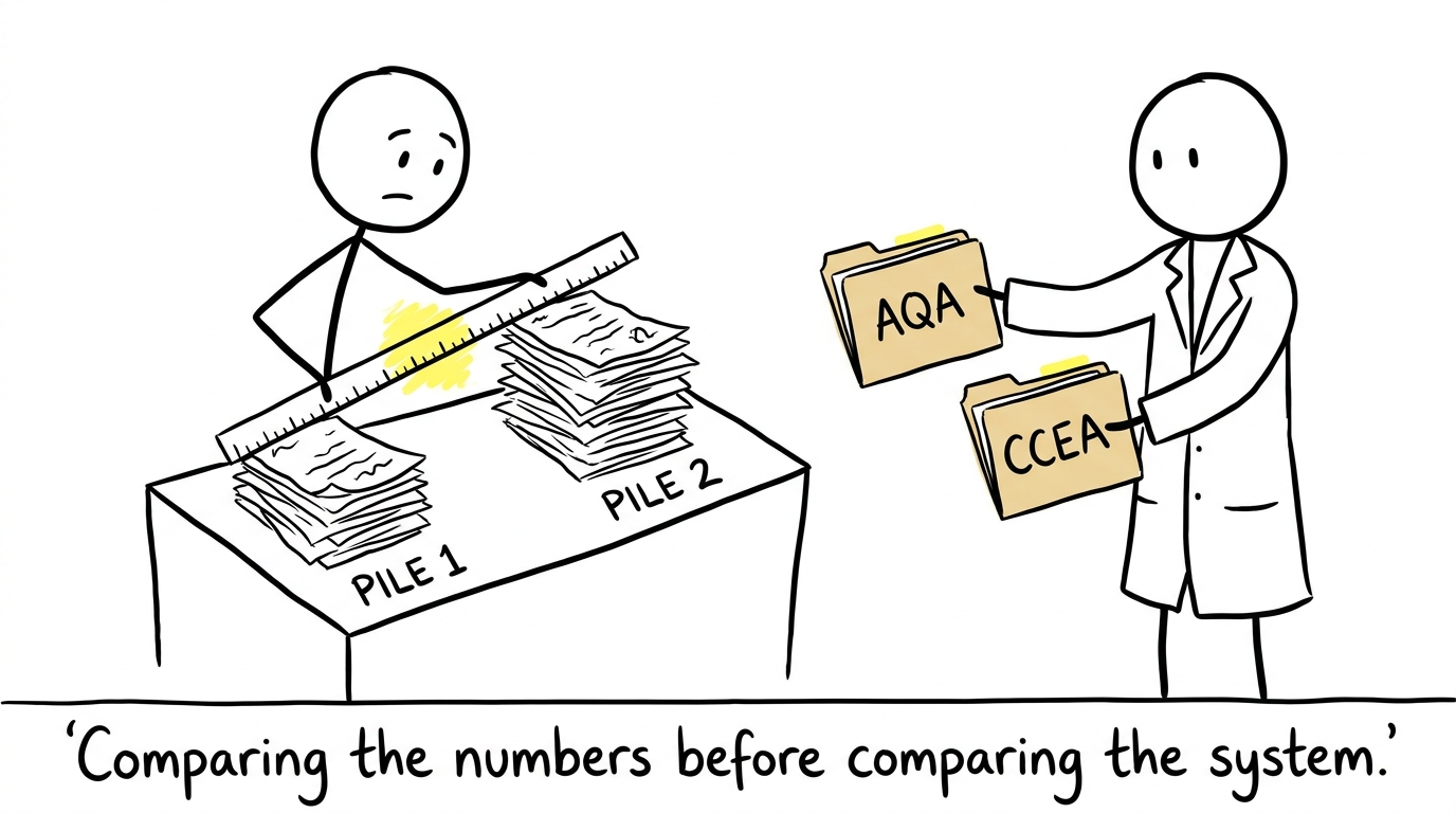 Two students discover that different exam systems need different measuring tools