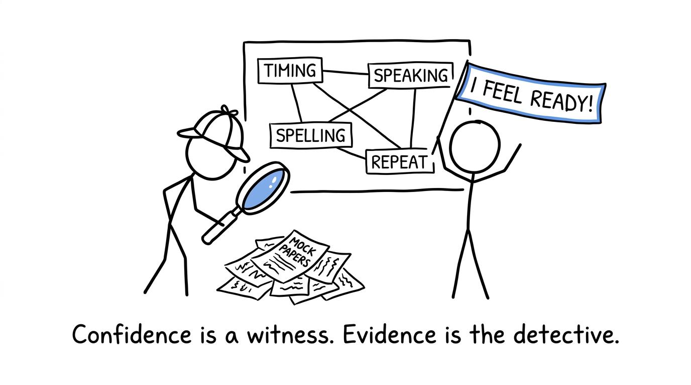A student detective chooses evidence over a banner saying I feel ready