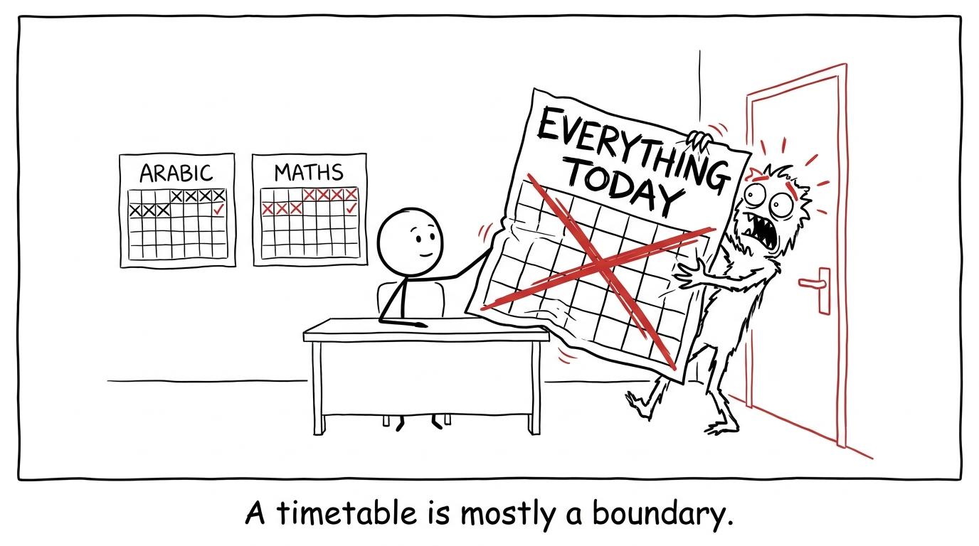 A student protects separate Arabic and maths revision blocks from the everything-today panic monster
