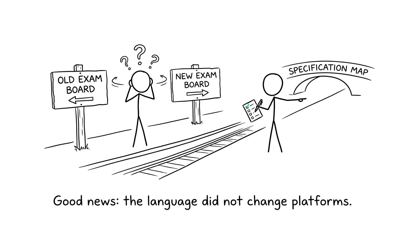 A student choosing between old and new exam-board platforms while a teacher points towards a specification map