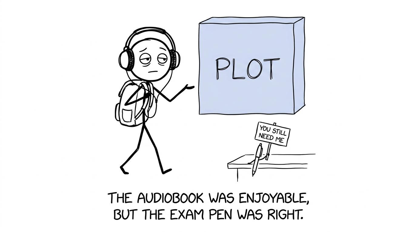 A GCSE student listens while an exam pen protests that written practice still matters