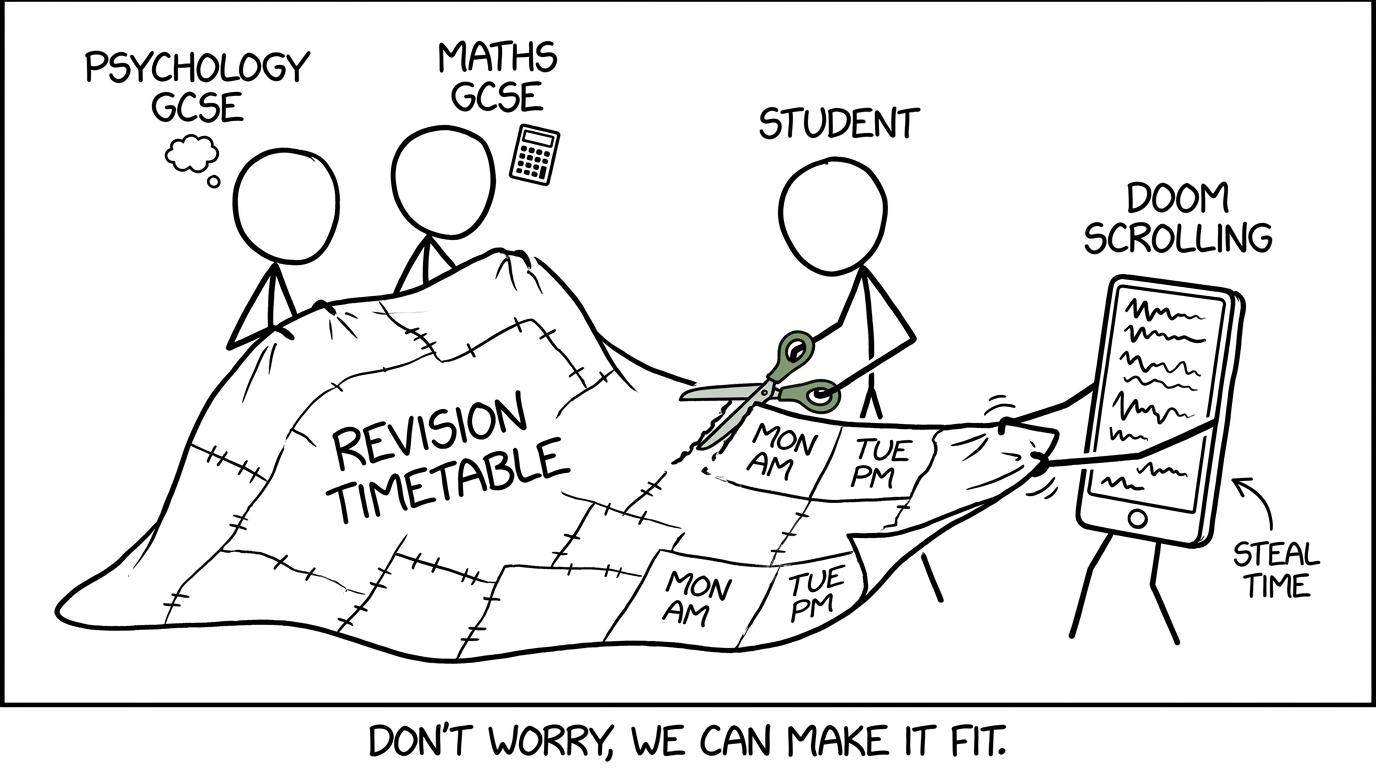 Psychology and maths share a revision timetable while a phone tries to steal it