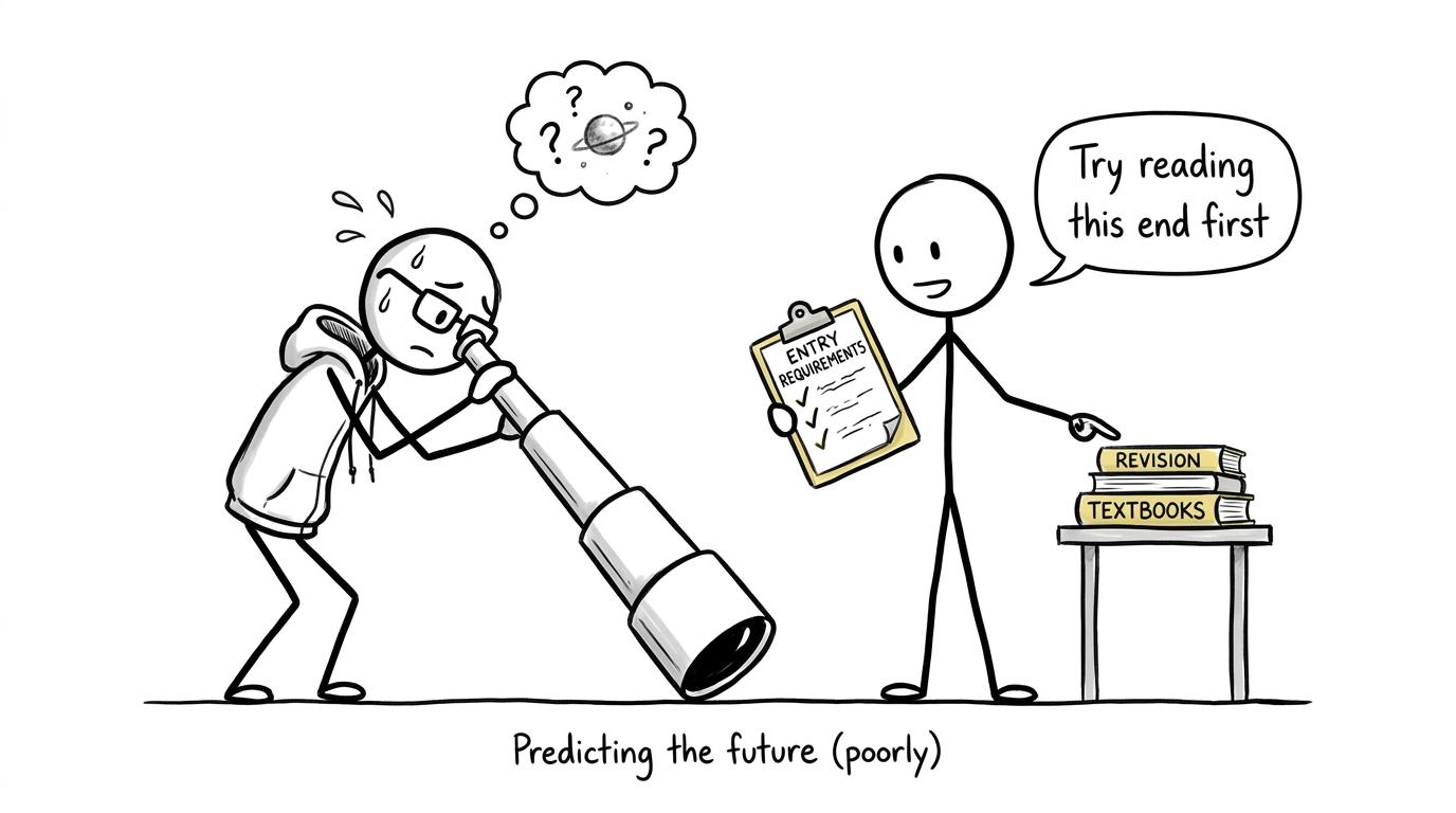 A student using the admissions prospectus instead of looking through a telescope backwards