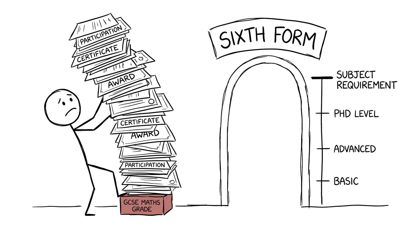 A tall tower of certificates balanced on the important GCSE Mathematics grade