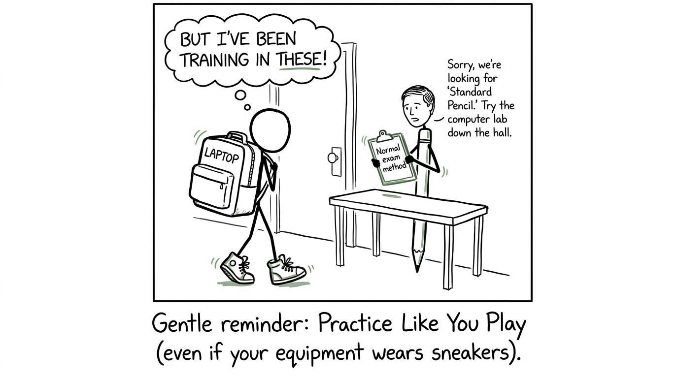 A laptop in trainers asks a pen for permission to enter the exam hall