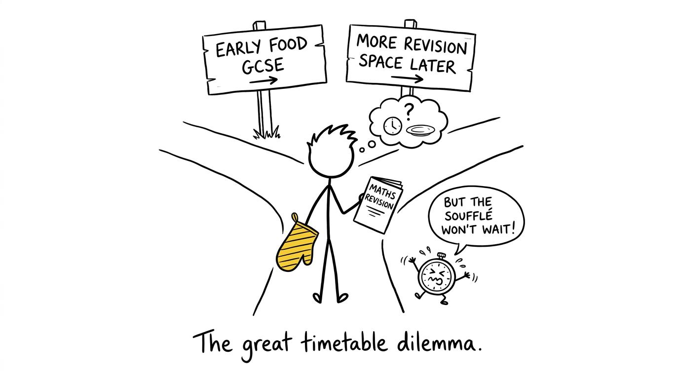 A student choosing between early Food GCSE and later revision space