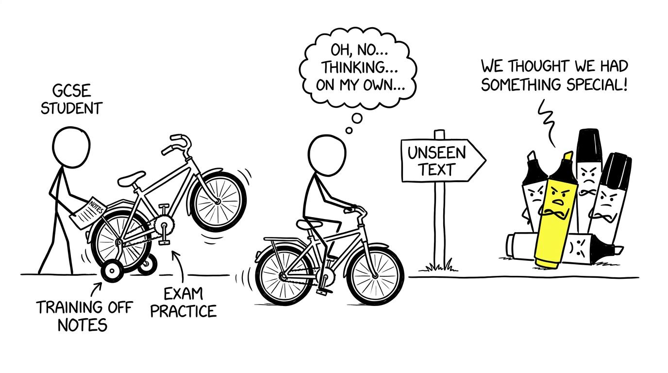 A student removing note stabilisers before riding towards an unseen text