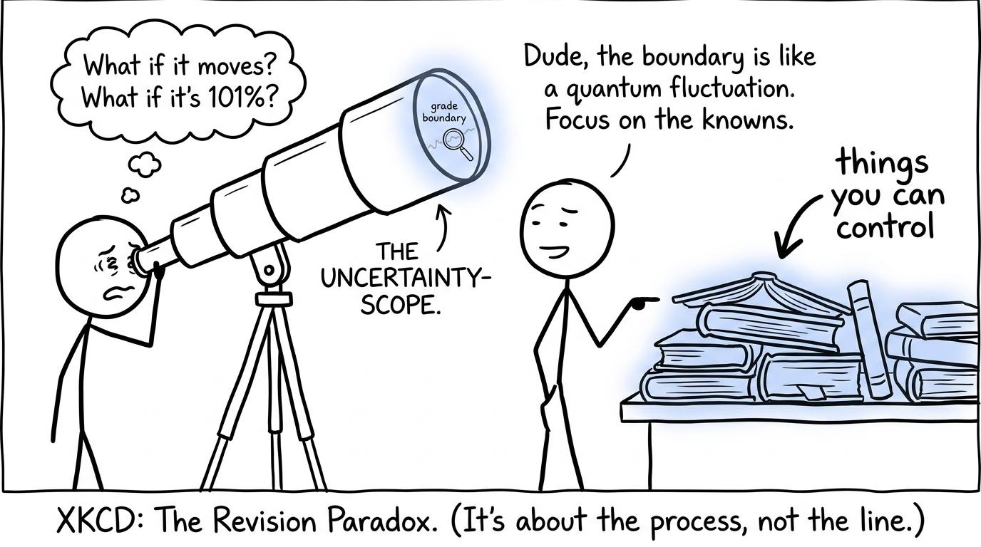 A student using a huge telescope to watch a tiny grade boundary while ignoring revision