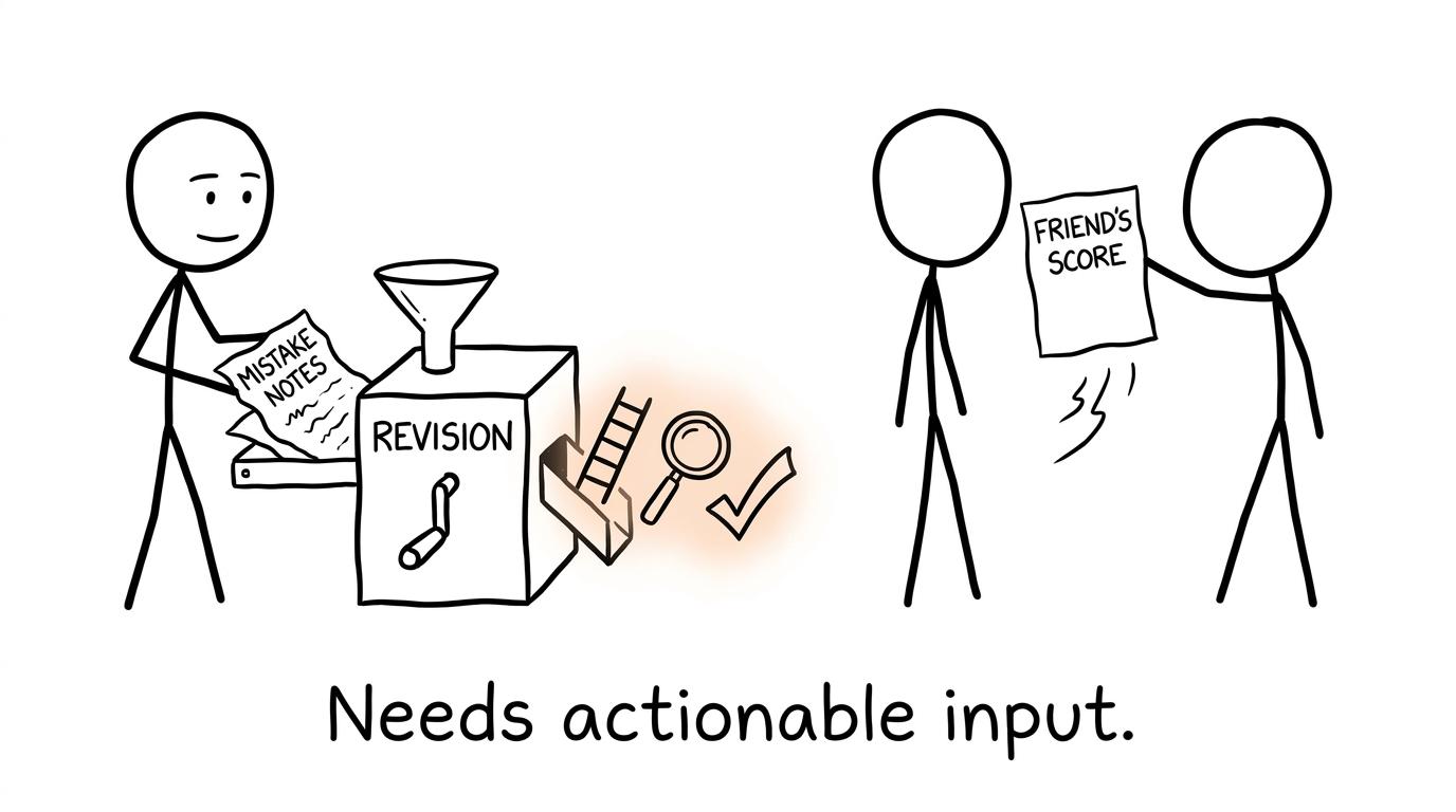 A revision machine accepts mistake notes but rejects a friend's score