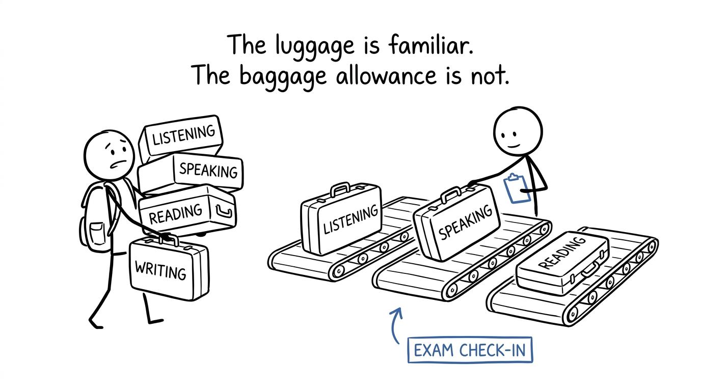 An examiner rearranges the same four language skills into different paper structures