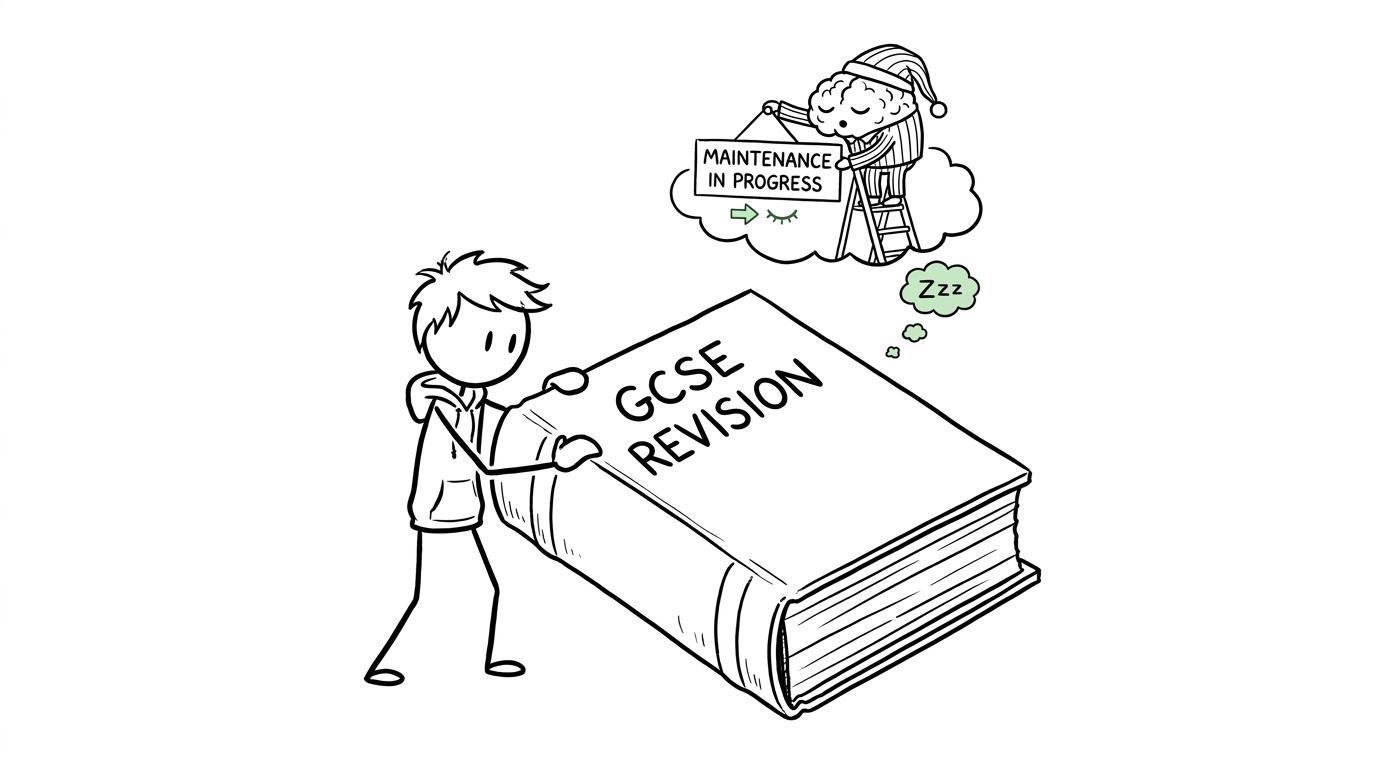 A tiny brain puts up a maintenance sign while a student closes a revision book at bedtime