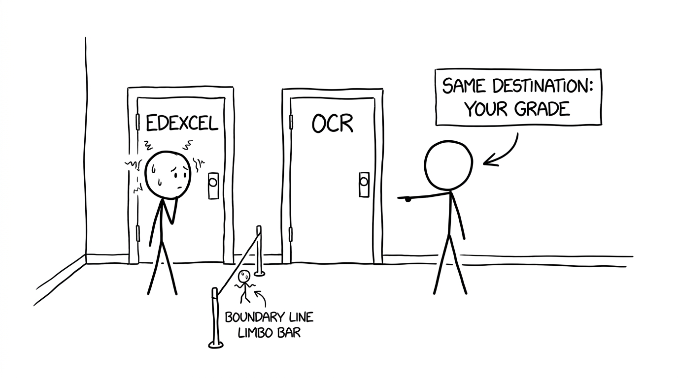 A student choosing between Edexcel and OCR doors while both lead towards the same grade