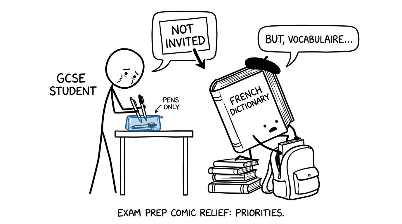 A student stops an oversized French dictionary from joining the exam kit