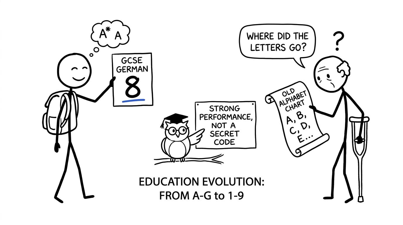 A student and an older relative decode the GCSE number scale