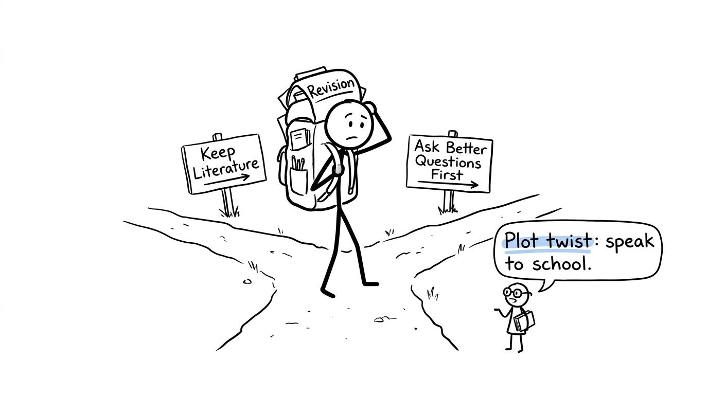 A student pauses at a revision crossroads before speaking to school