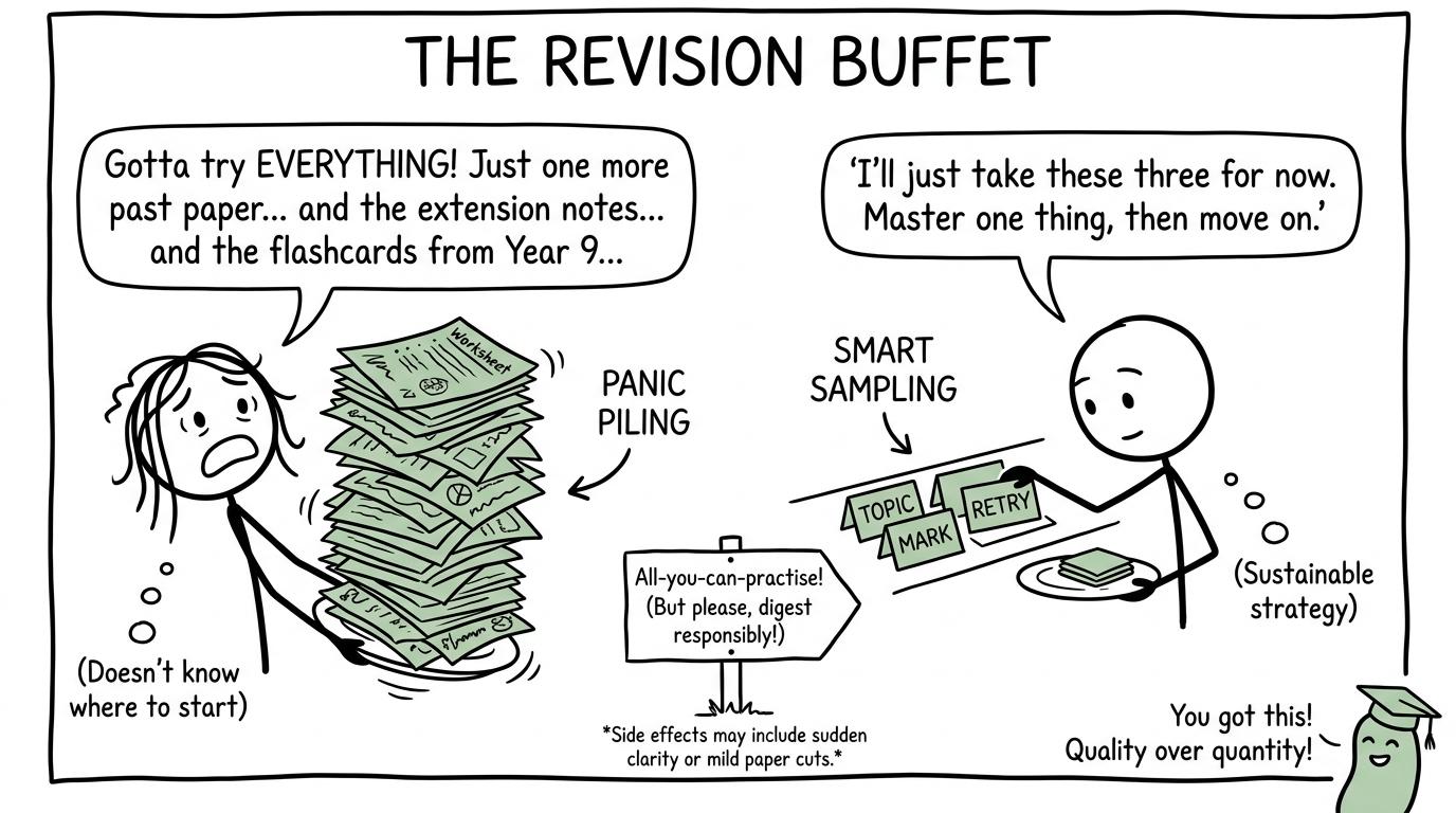 A revision buffet where one student collects random worksheets and another chooses a focused practice plan