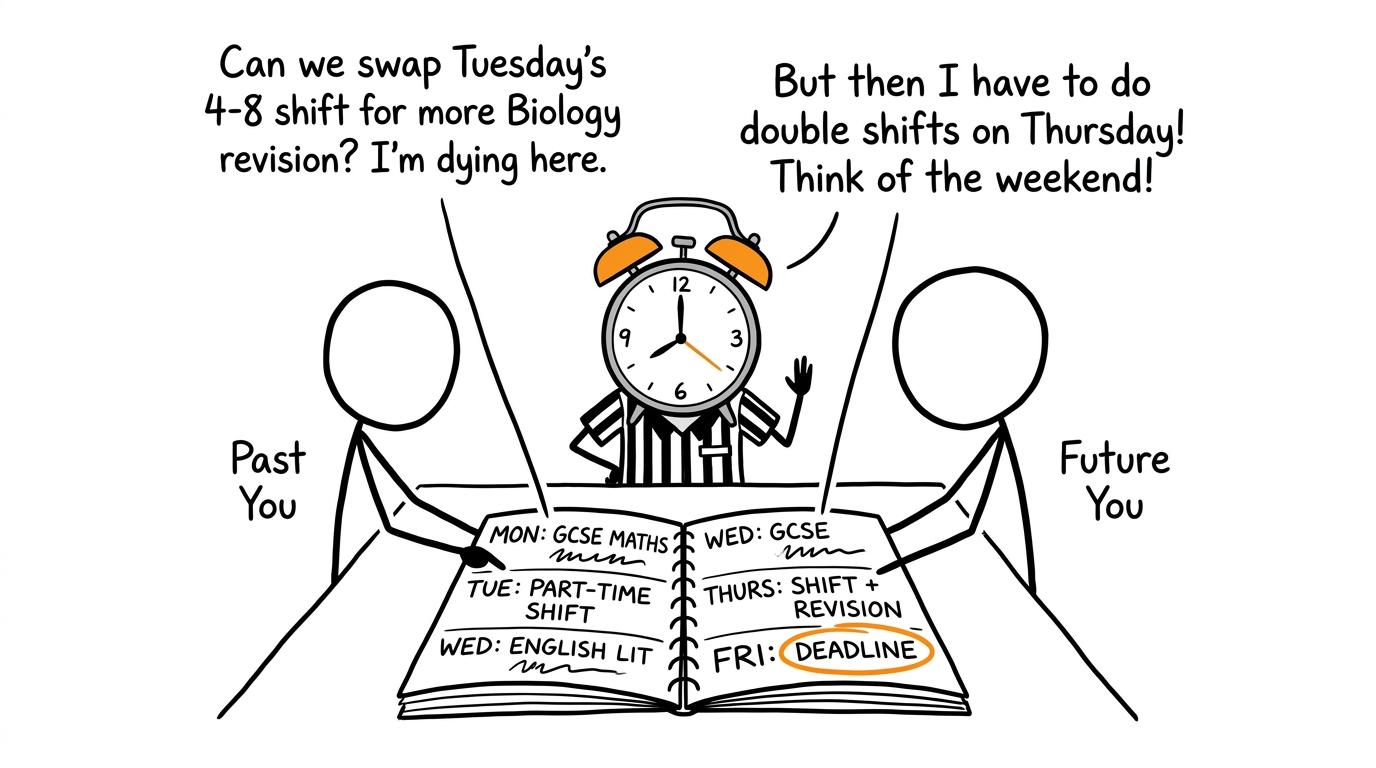 Past You and Future You negotiating over a weekly planner