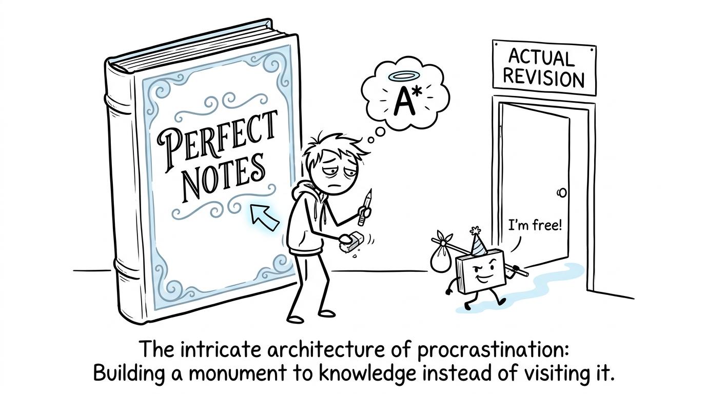 A student protects beautiful notes while useful revision escapes