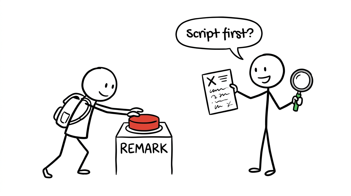 A teacher suggests checking the marked script before pressing the remark button