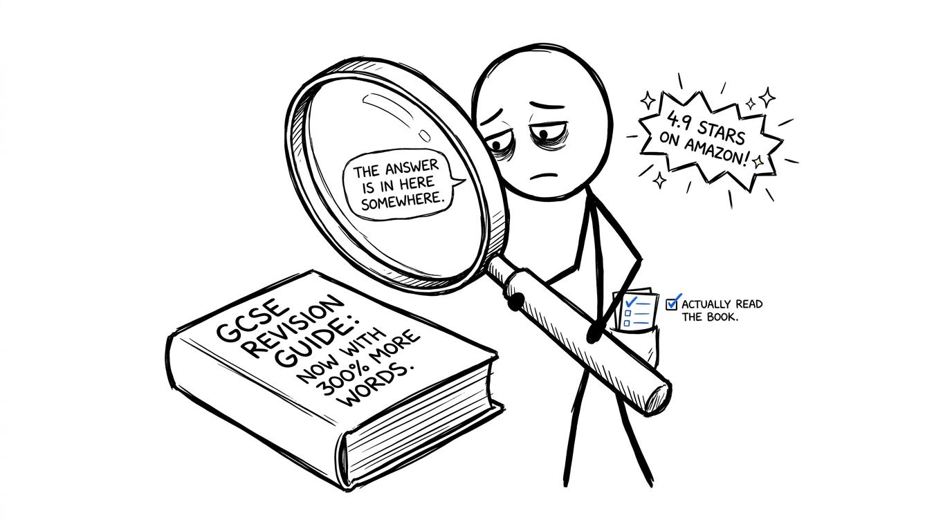 A GCSE student inspecting a revision guide rather than being distracted by its star rating