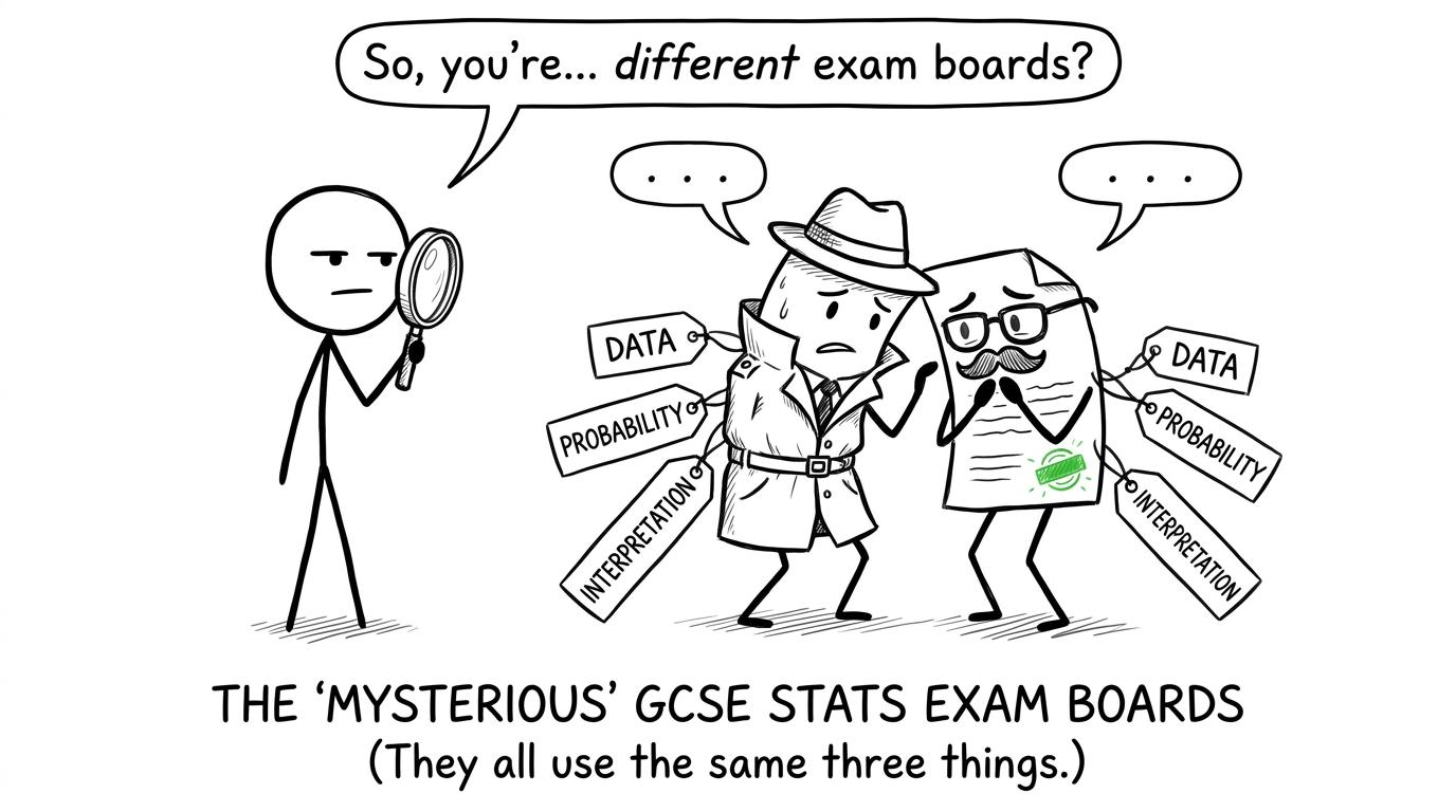 Two disguised exam papers carrying the same data, probability and interpretation luggage