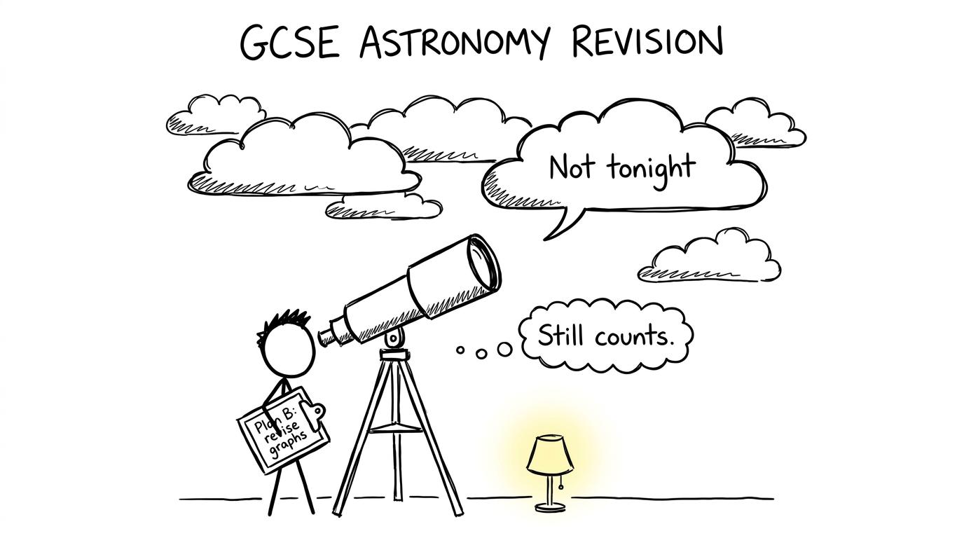 A student calmly switches from a cloudy telescope session to graph revision