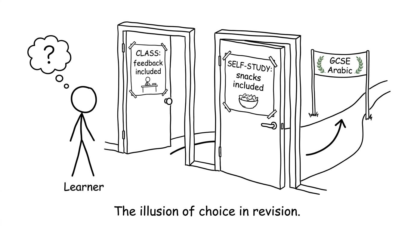 A learner choosing between feedback and snacks on two routes to GCSE Arabic