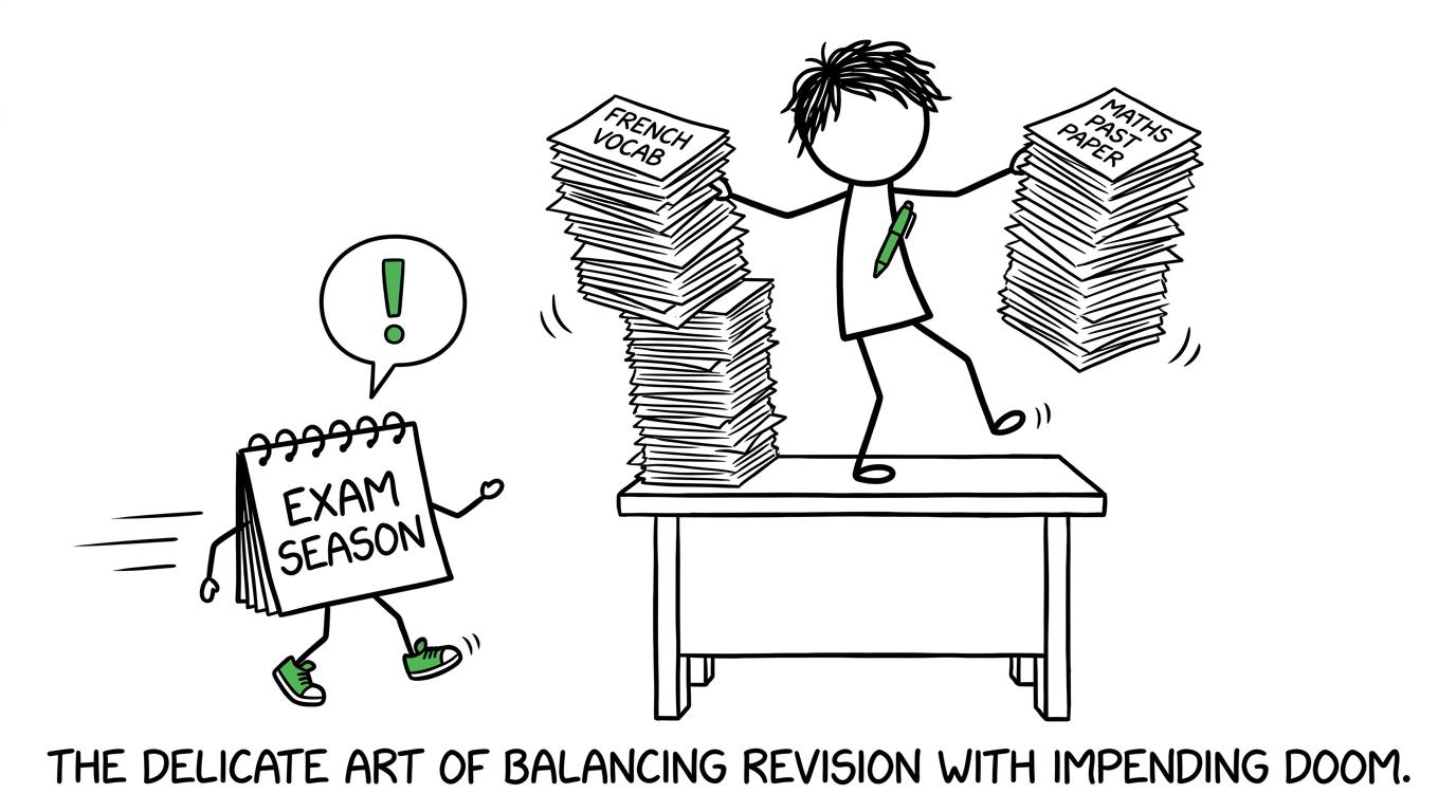 A student balances French vocabulary and maths papers while the exam calendar approaches