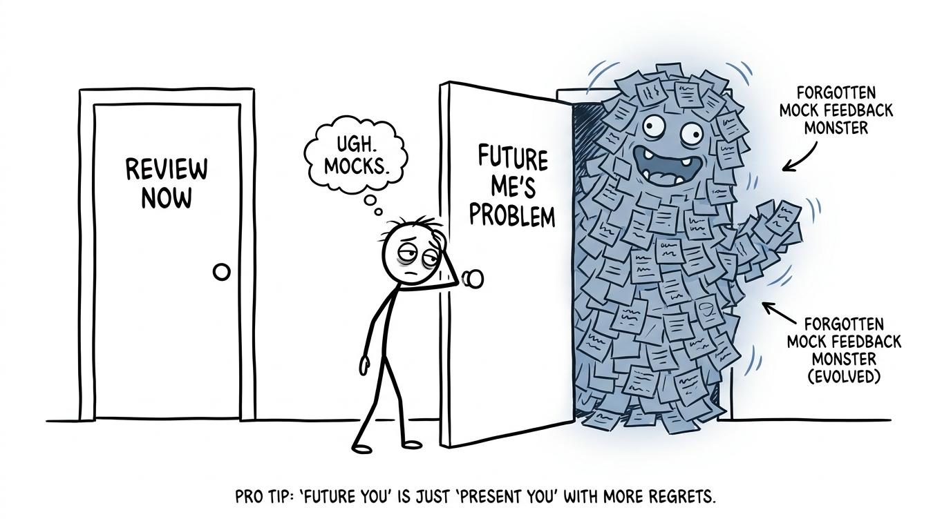 A student choosing between reviewing now and leaving a growing feedback monster for the future