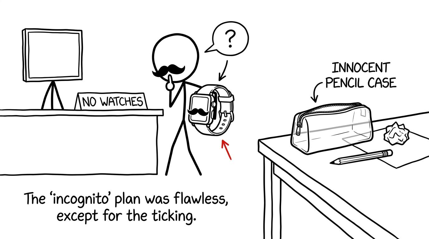 A smartwatch in disguise fails to sneak past the no-watches sign