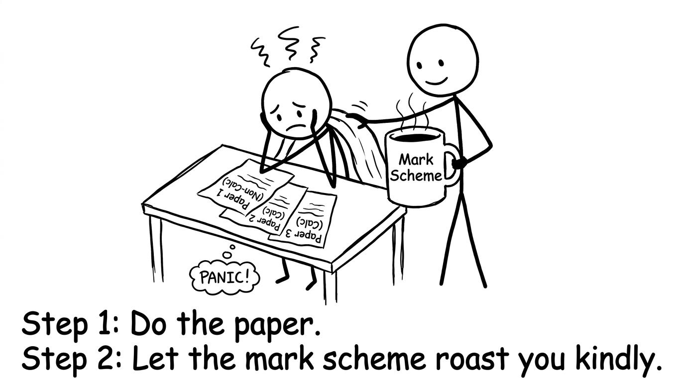 Stick figures with papers and a comforting mark scheme