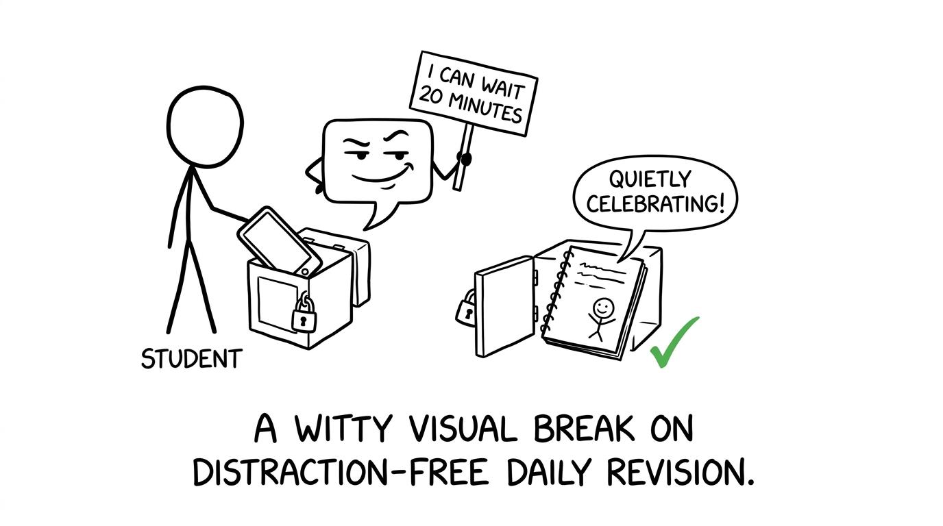 A phone notification waits outside while a student completes a distraction-free revision block