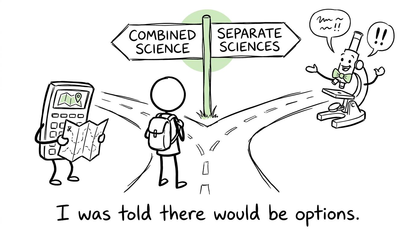 A student meets an overenthusiastic microscope at the science-options crossroads