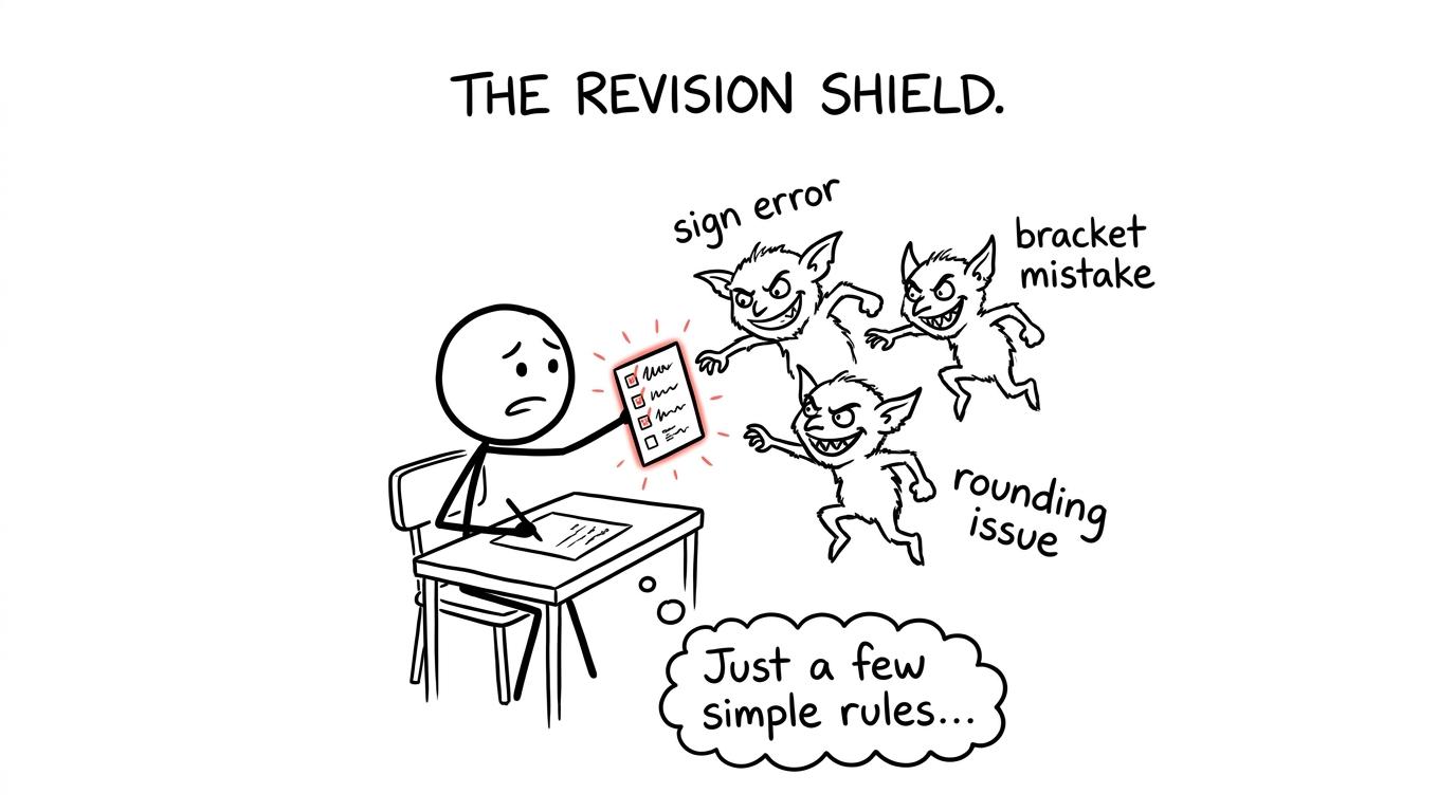 A tiny checklist defending a student from sign, bracket and rounding gremlins