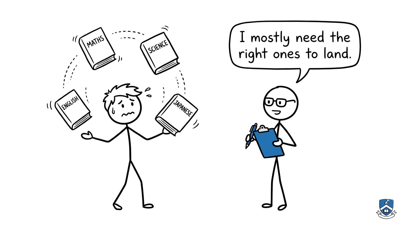 A student juggles several GCSE subjects while an admissions officer waits for the relevant grades