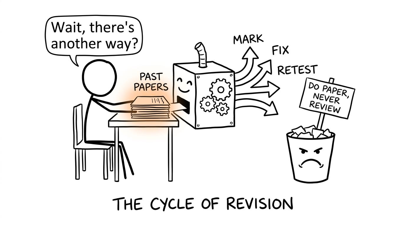 A revision machine turning past papers into marking, fixes and retesting
