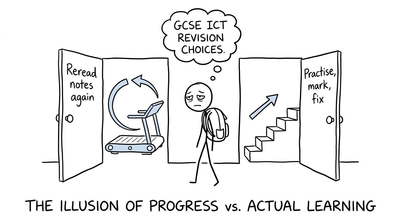 A student chooses between rereading notes and a practise-mark-fix staircase
