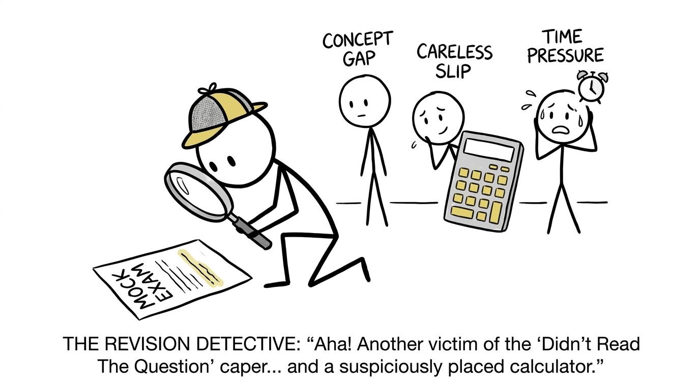 A student detective identifying different causes of mock mistakes